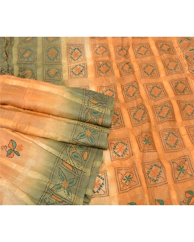 Sanskriti Vintage Beige Sarees Pure Silk Sari Hand Embroidered Kantha Fabric, PS-57008-Shade Of Beige &amp; Green-Thread Work-100% Pure Silk-7