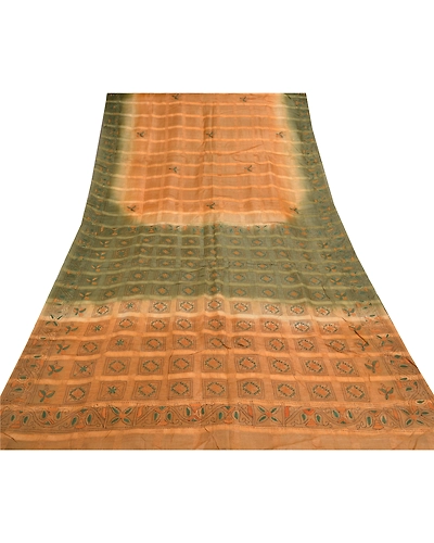 Sanskriti Vintage Beige Sarees Pure Silk Sari Hand Embroidered Kantha Fabric, PS-57008-Shade Of Beige &amp; Green-Thread Work-100% Pure Silk-8