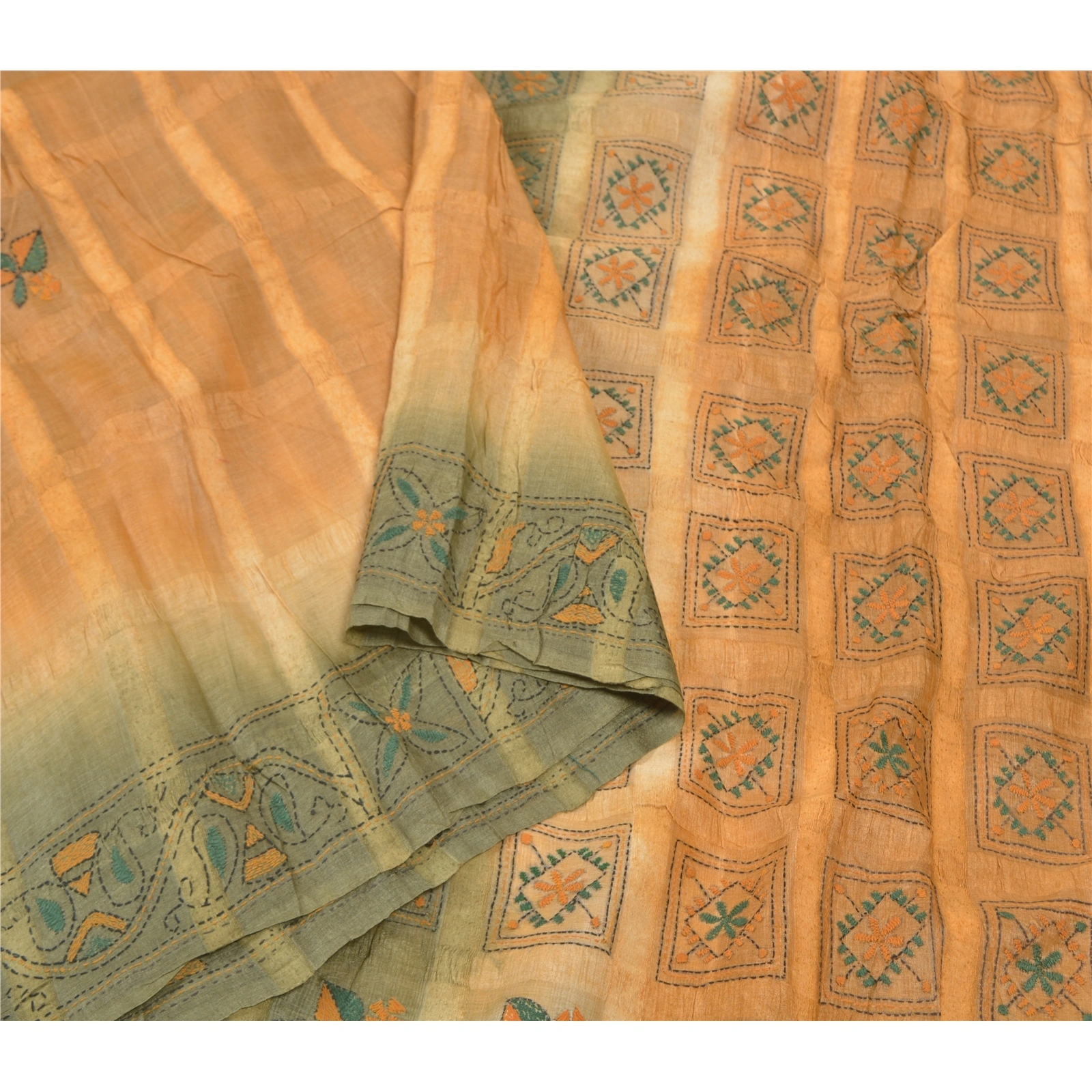 Sanskriti Vintage Beige Sarees Pure Silk Sari Hand Embroidered Kantha Fabric, PS-57008-Shade Of Beige &amp; Green-Thread Work-100% Pure Silk-9