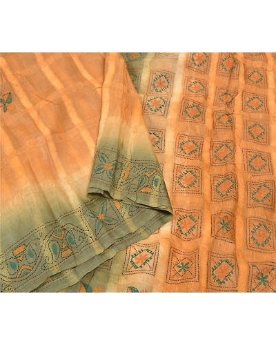 Sanskriti Vintage Beige Sarees Pure Silk Sari Hand Embroidered Kantha Fabric, PS-57008-Shade Of Beige &amp; Green-Thread Work-100% Pure Silk-9
