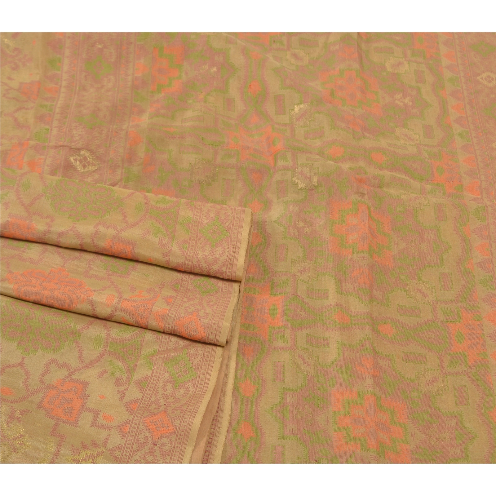 Sanskriti Vintage Beige Sarees Pure Silk Hand-Woven Tanchoi Sari Premium Fabric, PS-57019-Shade Of Beige-Hand- Woven Work-100% Pure Silk-7