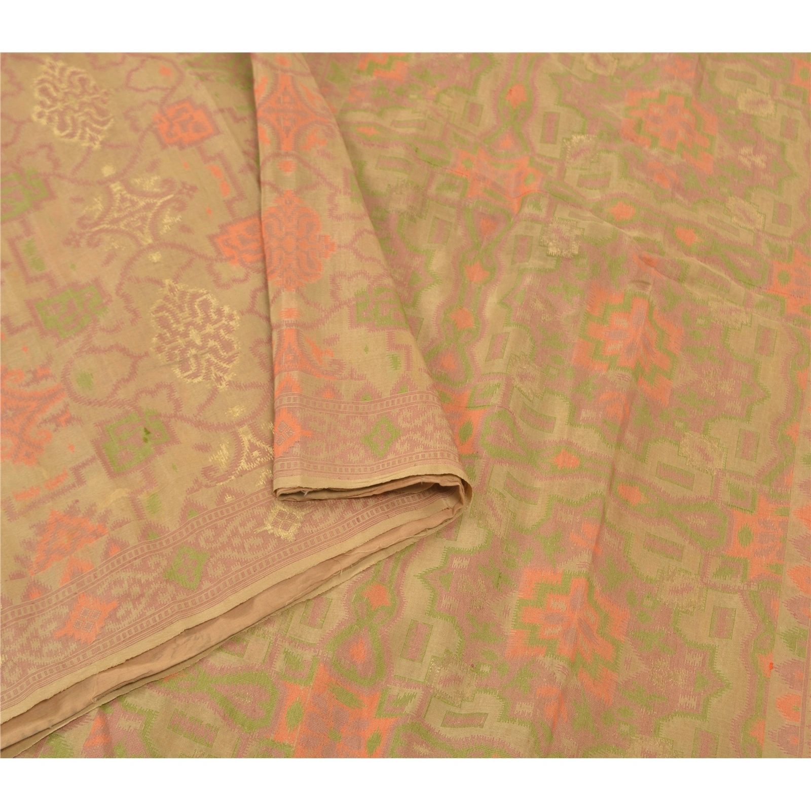 Sanskriti Vintage Beige Sarees Pure Silk Hand-Woven Tanchoi Sari Premium Fabric, PS-57019-Shade Of Beige-Hand- Woven Work-100% Pure Silk-9