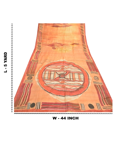 Sanskriti Vintage Peach Sarees 100% Pure Silk Hand- Painted 5 Yard Sari Fabric, PS-57025-Peach-Hand- Painted Work-100% Pure Silk-1