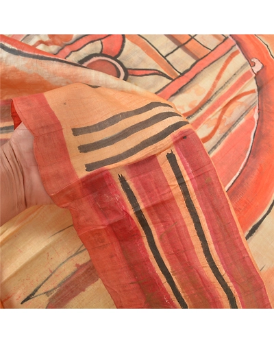 Sanskriti Vintage Peach Sarees 100% Pure Silk Hand- Painted 5 Yard Sari Fabric, PS-57025-Peach-Hand- Painted Work-100% Pure Silk-4