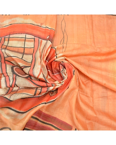 Sanskriti Vintage Peach Sarees 100% Pure Silk Hand- Painted 5 Yard Sari Fabric, PS-57025-Peach-Hand- Painted Work-100% Pure Silk-6