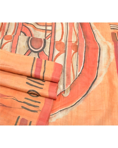 Sanskriti Vintage Peach Sarees 100% Pure Silk Hand- Painted 5 Yard Sari Fabric, PS-57025-Peach-Hand- Painted Work-100% Pure Silk-7
