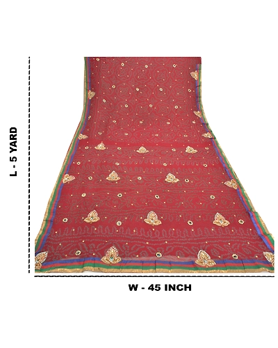 Sanskriti Vintage Sarees Pure Georgette Silk Hand Beaded Bandhani Sari Fabric, PS-57055-Dark Red-Bandhani Print Work-100% Pure Georgette Silk-1