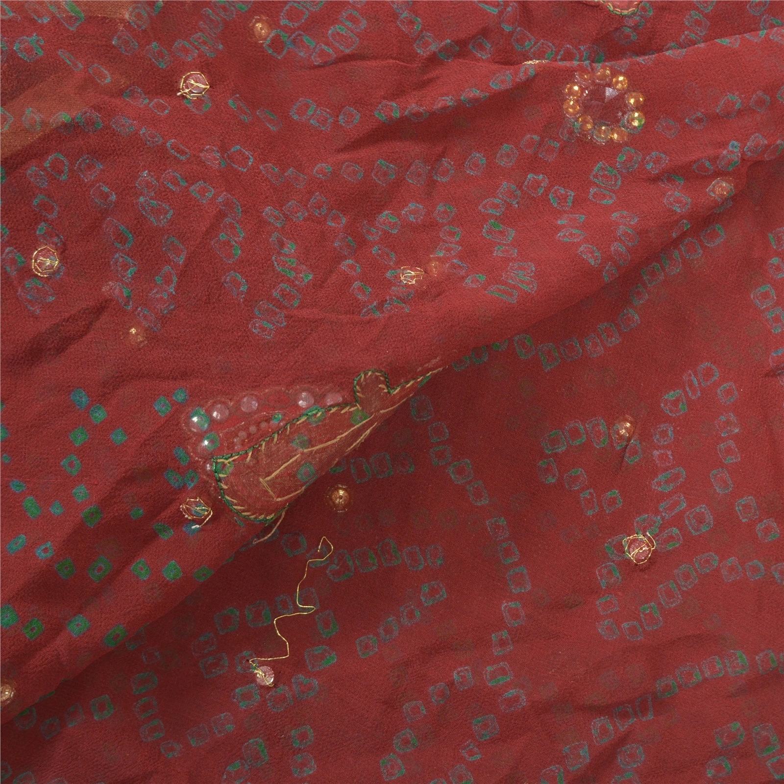 Sanskriti Vintage Sarees Pure Georgette Silk Hand Beaded Bandhani Sari Fabric, PS-57055-Dark Red-Bandhani Print Work-100% Pure Georgette Silk-2