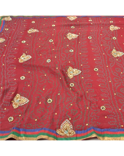 Sanskriti Vintage Sarees Pure Georgette Silk Hand Beaded Bandhani Sari Fabric, PS-57055-Dark Red-Bandhani Print Work-100% Pure Georgette Silk-3