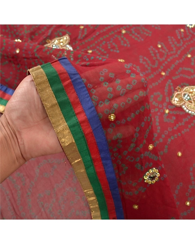 Sanskriti Vintage Sarees Pure Georgette Silk Hand Beaded Bandhani Sari Fabric, PS-57055-Dark Red-Bandhani Print Work-100% Pure Georgette Silk-4