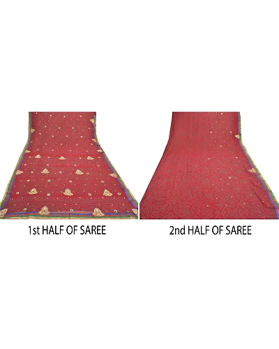Sanskriti Vintage Sarees Pure Georgette Silk Hand Beaded Bandhani Sari Fabric, PS-57055-Dark Red-Bandhani Print Work-100% Pure Georgette Silk-5
