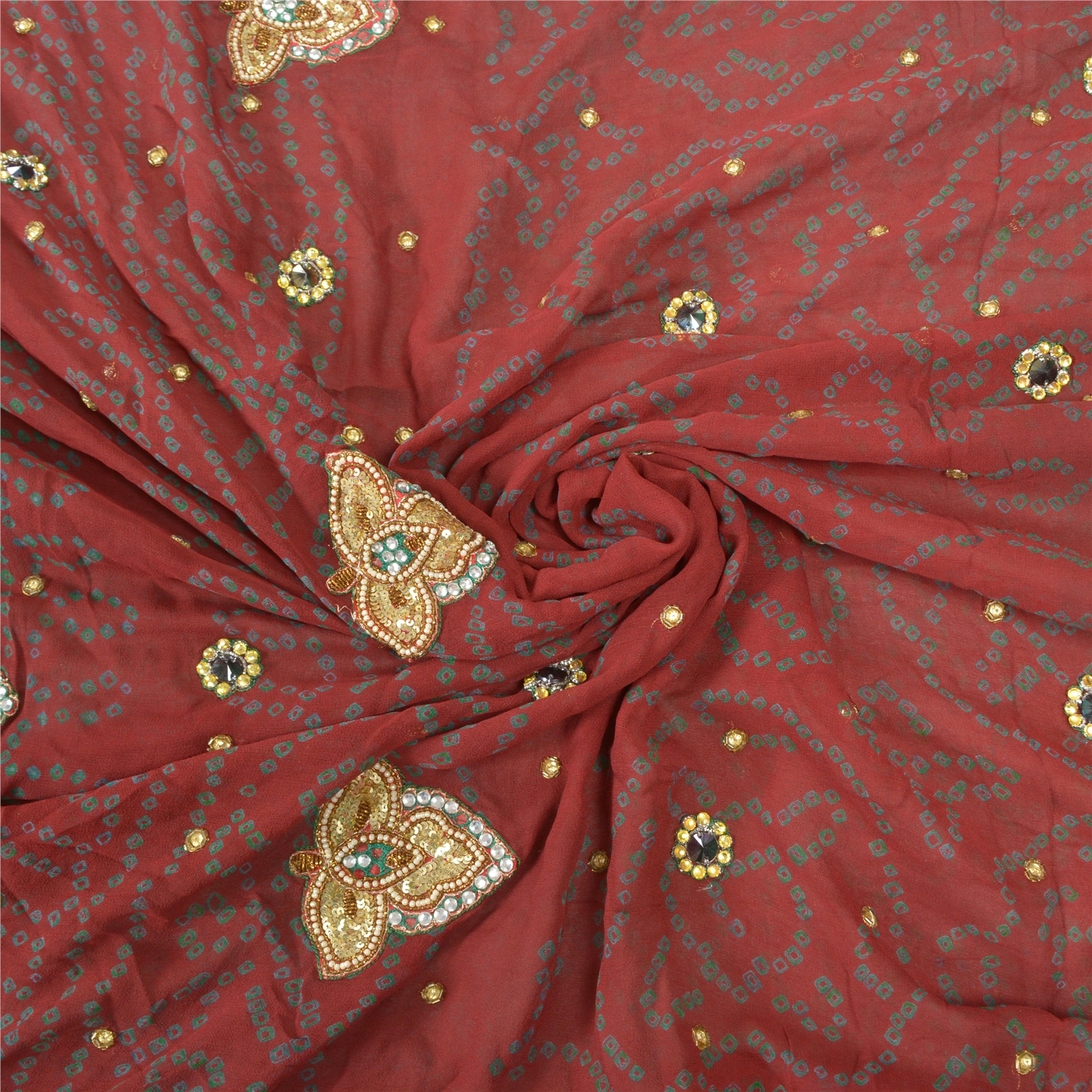 Sanskriti Vintage Sarees Pure Georgette Silk Hand Beaded Bandhani Sari Fabric, PS-57055-Dark Red-Bandhani Print Work-100% Pure Georgette Silk-6