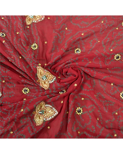 Sanskriti Vintage Sarees Pure Georgette Silk Hand Beaded Bandhani Sari Fabric, PS-57055-Dark Red-Bandhani Print Work-100% Pure Georgette Silk-6