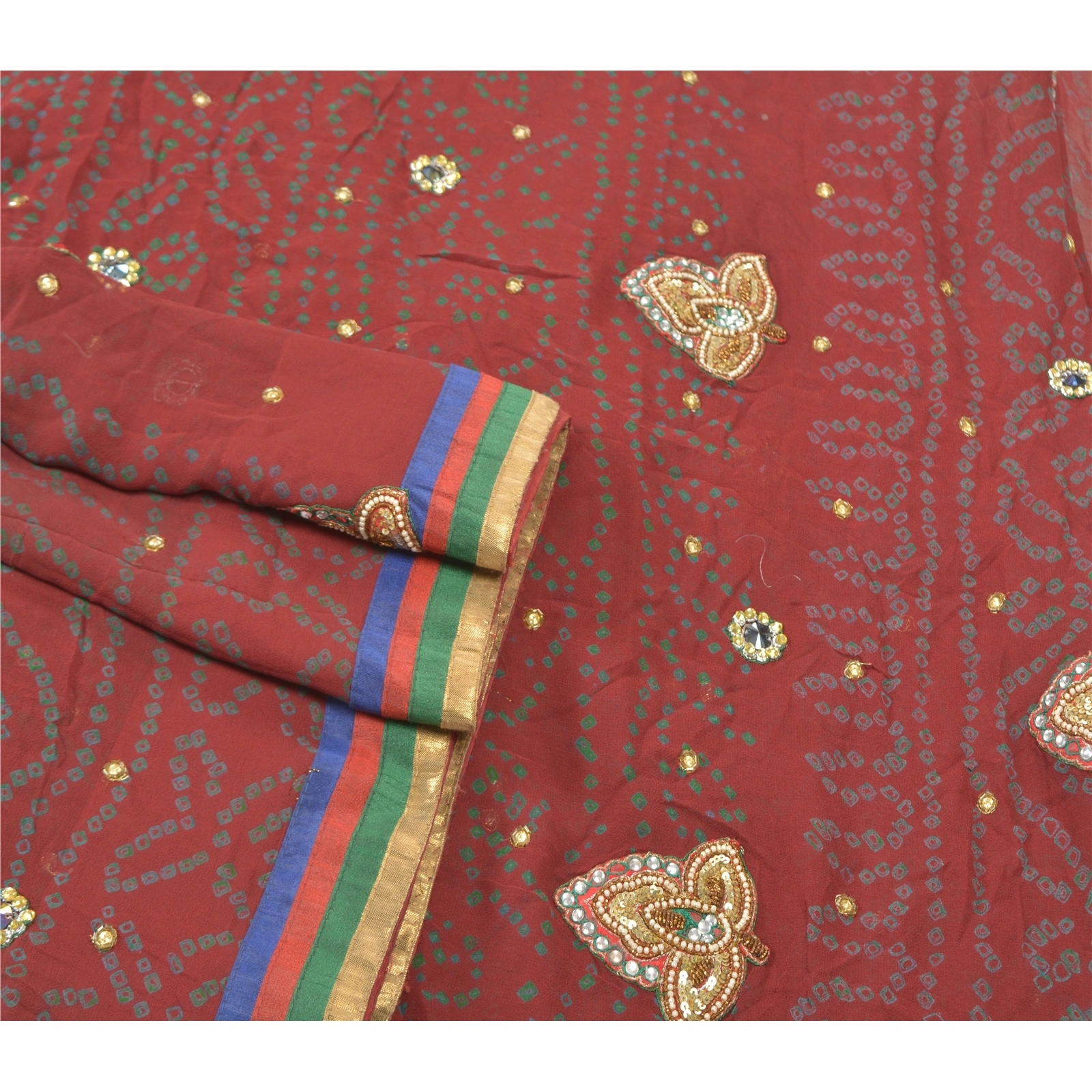 Sanskriti Vintage Sarees Pure Georgette Silk Hand Beaded Bandhani Sari Fabric, PS-57055-Dark Red-Bandhani Print Work-100% Pure Georgette Silk-7