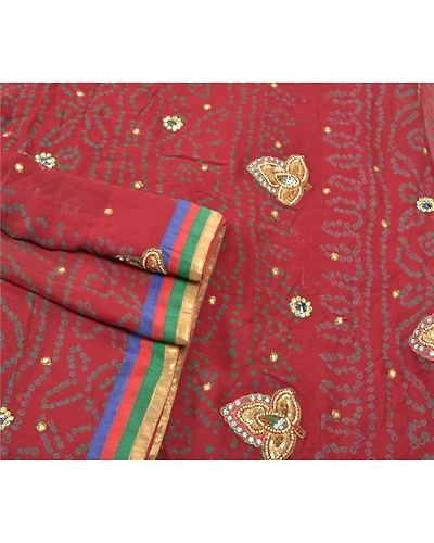 Sanskriti Vintage Sarees Pure Georgette Silk Hand Beaded Bandhani Sari Fabric, PS-57055-Dark Red-Bandhani Print Work-100% Pure Georgette Silk-7