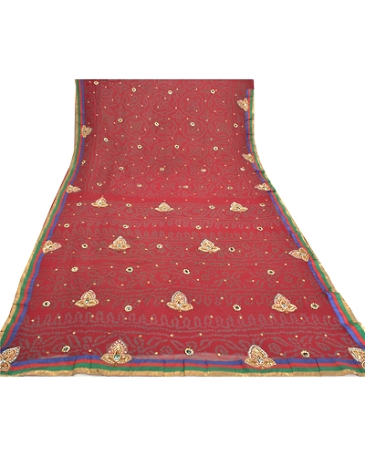 Sanskriti Vintage Sarees Pure Georgette Silk Hand Beaded Bandhani Sari Fabric, PS-57055-Dark Red-Bandhani Print Work-100% Pure Georgette Silk-8