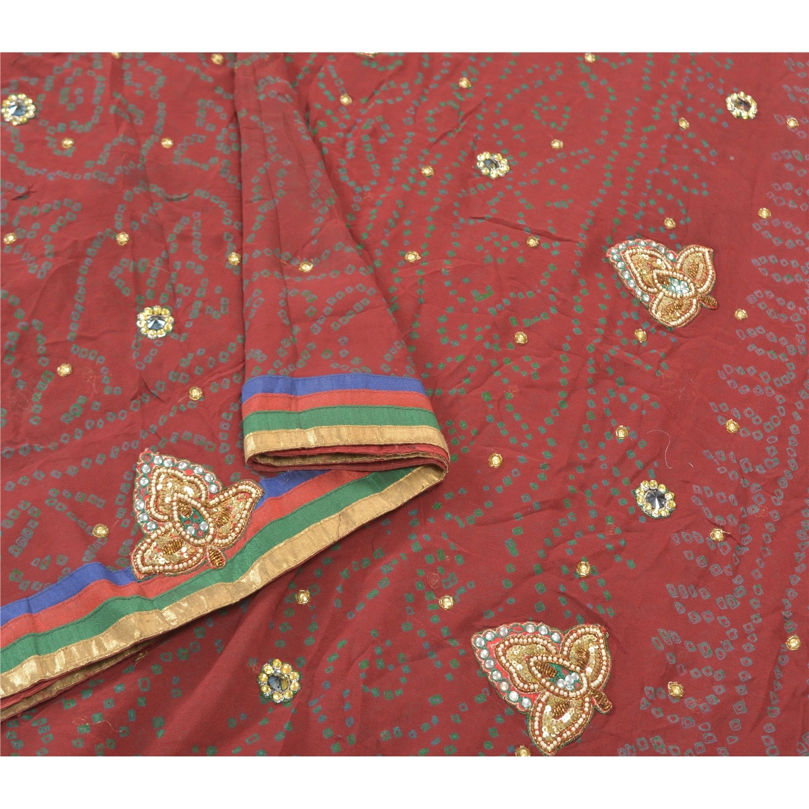 Sanskriti Vintage Sarees Pure Georgette Silk Hand Beaded Bandhani Sari Fabric, PS-57055-Dark Red-Bandhani Print Work-100% Pure Georgette Silk-9