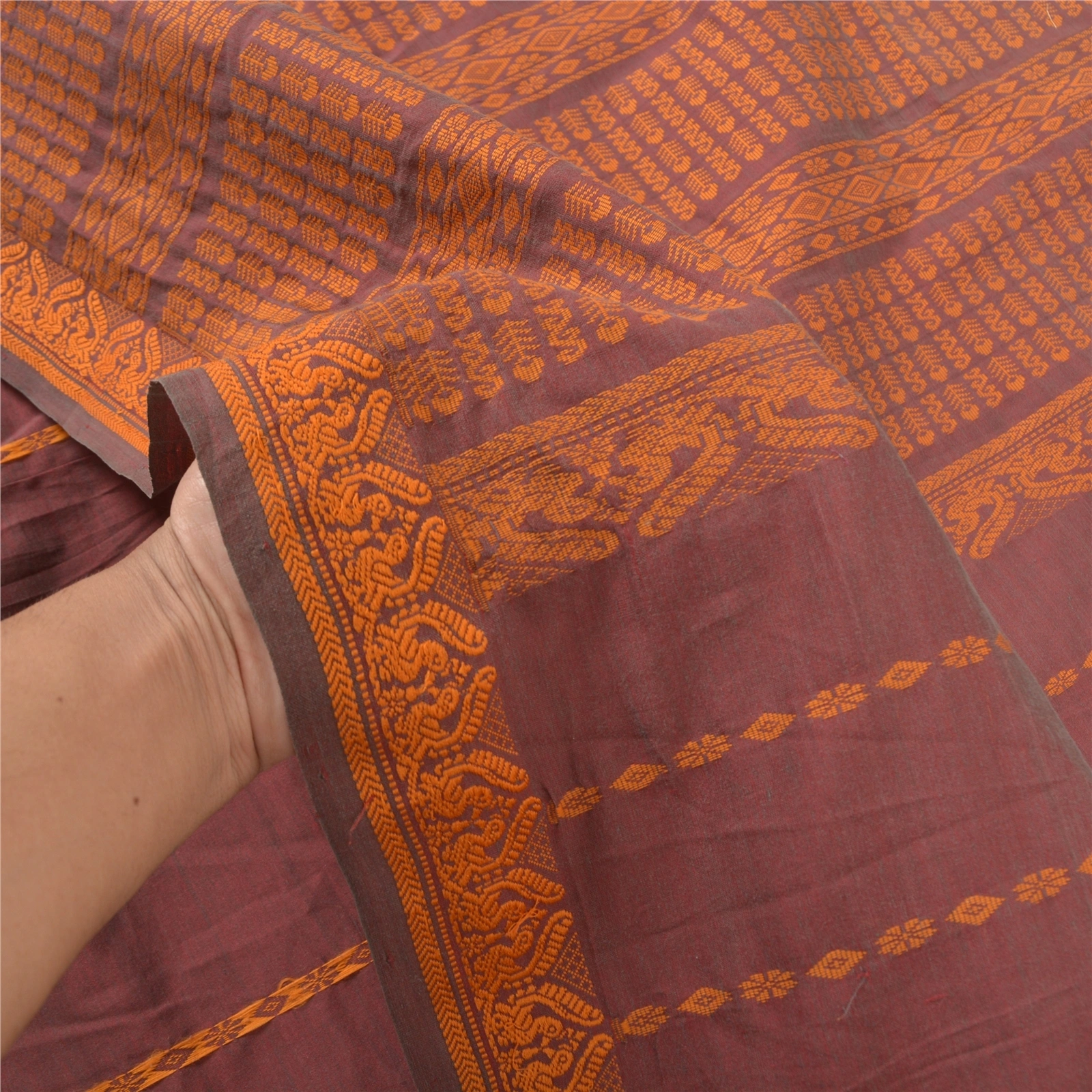 Sanskriti Vintage Brown Sarees Blend Cotton Hand-Woven Premium Sari Fabric, PS-57066-Shade Of Brown-Hand Woven Work-Blend Cotton-4