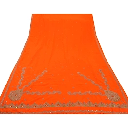 Sanskriti Vintage Sarees Georgette Hand Beaded Craft Fabric Premium 5 Yd Sari, PS-42027