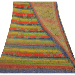 Sanskriti Vintage Sarees Pure Crepe Silk Hand Embroidered Fabric Kantha Sari, PS-38300