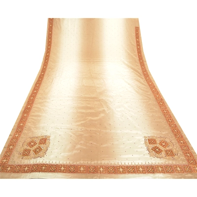 Sanskriti Vintage Ivory Indian Sarees Art Silk Hand Beaded Sari Craft Fabric, PS-57471