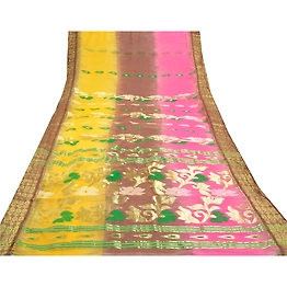 Sanskriti Vintage Yellow Sarees Blend Cotton Woven Sari Craft Premium Fabric, PS-57363