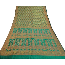 Sanskriti Vintage Rama Green Sarees Blend Georgette Hand- Woven Sari Fabric, PS-57579