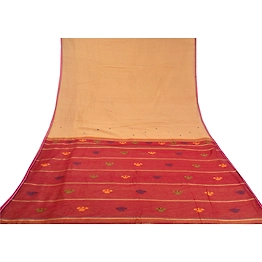 Sanskriti Vintage Cream Sarees Cotton Silk Hand-Woven Indian Tant Sari Fabric, PS-58493