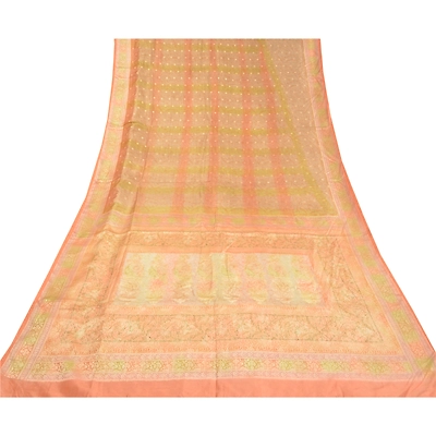 Sanskriti Vintage Peach Sarees 100% Pure Silk Woven Craft Sari 5 Yard Fabric, PS-58252