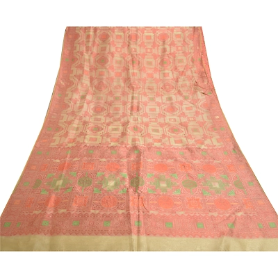 Sanskriti Vintage Cream Sarees Art Silk Woven Premium Sari Craft 5 Yard Fabric, PS-56156