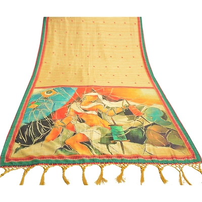 Sanskriti Vintage Cream Sarees Art Silk Human Printed Premium Sari 5 Yard Fabric, PS-57126