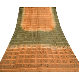 Sanskriti Vintage Beige Sarees Pure Silk Sari Hand Embroidered Kantha Fabric, PS-57008