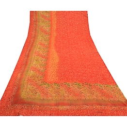 Sanskriti Vintage Sarees Pure Georgette Silk Sari Hand Beaded Kantha Fabric, PS-57368