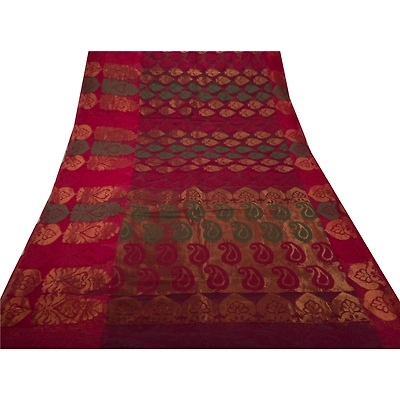 Sanskriti Vintage Sarees Art Silk Woven Dark Red Fabric Premium Floral 5Yd Sari, PS-49604