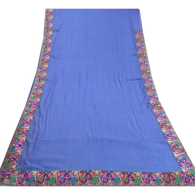 Sanskriti Vintage Blue Sarees Blend Silk Embroidered Premium Sari Craft Fabric, PS-58005