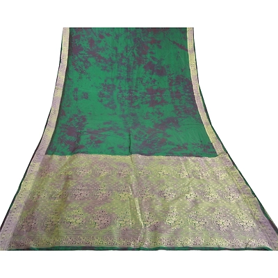 Sanskriti Vintage Green Sarees 100% Pure Silk Woven Tie-Dye Sari Craft Fabric, PS-57942