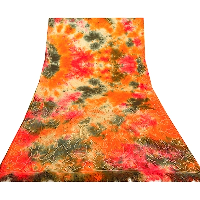 Sanskriti Vintage Sarees Pure Satin Silk Hand Beaded Tie-Dye Sari Craft Fabric, PS-57953