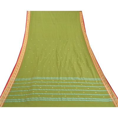 Sanskriti Vintage Green Sarees Blend Cotton Handwoven Bengali Tant Saree Fabric, PS-57849