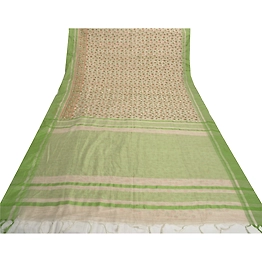 Sanskriti Vintage Cream Indian Sari Cotton Printed & Woven Sarees Craft Fabric, PS-55848