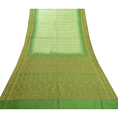 Sanskriti Vintage Green Sarees 100% Pure Silk Handwoven Sari Craft Fabric, PS-57807