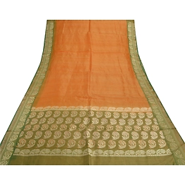 Sanskriti Vintage Saffron Sarees Pure Silk Woven Indian Sari Premium Fabric, PS-55487