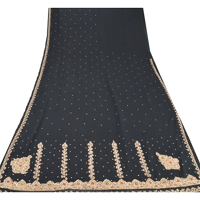 Sanskriti Vintage Black Indian Sari Georgette Hand Beaded Sarees Cultural Fabric, PS-54815