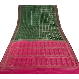 Sanskriti Vintage Green Sarees 100% Pure Silk Woven Brocade Craft Fabric Sari, PS-54147