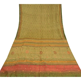 Sanskriti Vintage Green Indian Sarees 100% Pure Silk Hand Beaded Sari Fabric, PS-58229