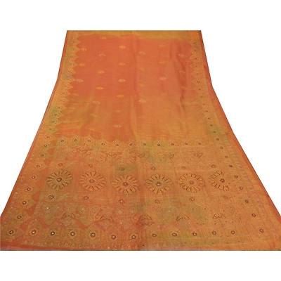 Sanskriti Vintage Sarees Tissue Hand Beaded Craft Golden Fabric Premium Sari, PS-45425