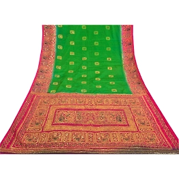 Sanskriti Vintage Green Sarees Art Silk Hand Beaded Premium Sari Craft Fabric, PS-58588