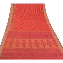 Sanskriti Vintage Peach Sarees Blend Cotton Embroidered Fabric Premium 5 Yd Sari, PS-38375