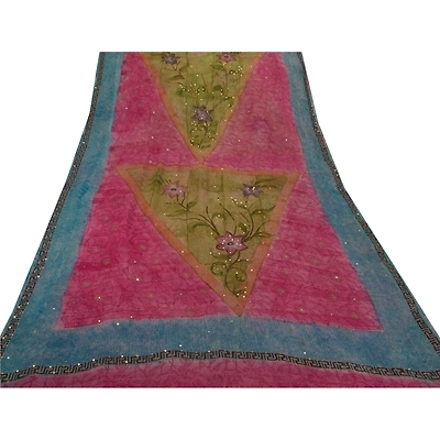 Sanskriti Vintage Sarees Blend Georgette Hand Beaded Fabric Premium Sari Pink, PS-50099