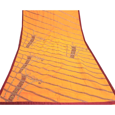Sanskriti Vintage Saffron Sarees Pure Cotton Hand Beaded Sari Cultural Fabric, PS-57321