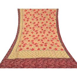 Sanskriti Vintage Ivory Sarees 100% Pure Crepe Silk Handmade Kantha Sari Fabric, PS-58319